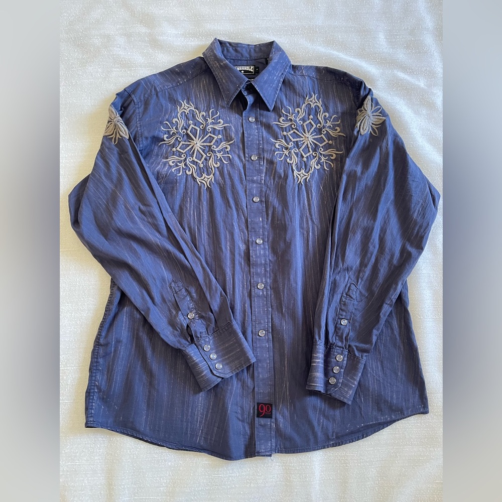 Panhandle Slim Men's Size L 90 Proof Blue Embroidered Snap Button Western Shirt